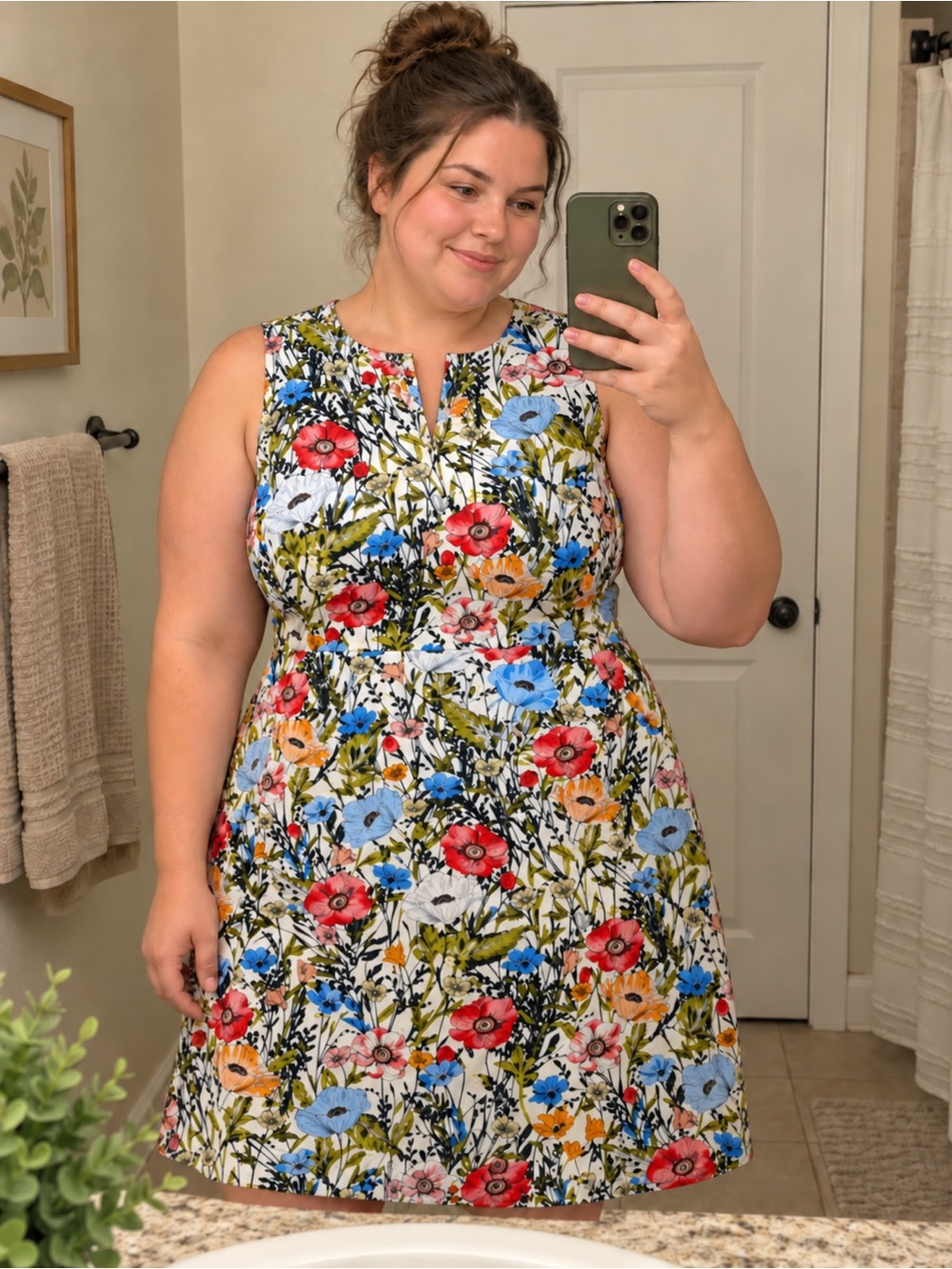 J. Jill Love 100% Linen Illustrated Garden Print Dress bright floral multi XL